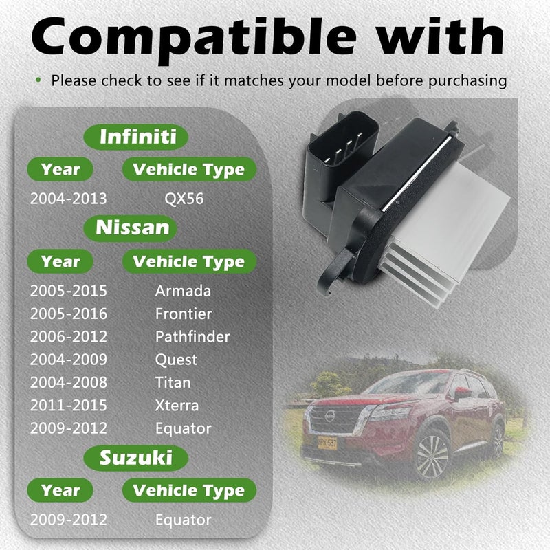 TINGYINGDA 271515Z000 Auto Temp AC HVAC Heater Blower Motor Resistor Fits for Infiniti 04-13 QX56-05-15 Armada / 05-16 Frontier / 06-12 Pathfinder / 04-09 Quest / 04-08 Titan / 11-15 Xterra - 09-12 Equator - Image 3